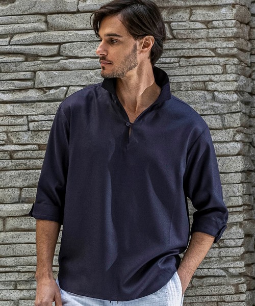 AKM Contemporary(エイケイエムコンテンポラリー)の「【WEB・直営店限定】AKM Contemporary(エイケイエムコンテンポラリー)スキッパープルオーバーシャツ 半袖シャツ シワ防止 イージーケア(シャツ/ブラウス・メンズ・ベージュ/ネイビー/サックスブルー/オフホワイト・S/M/L/XL/XXL)」の3枚目の写真