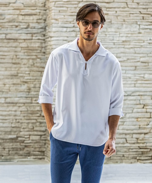 AKM Contemporary(エイケイエムコンテンポラリー)の「【WEB・直営店限定】AKM Contemporary(エイケイエムコンテンポラリー)スキッパープルオーバーシャツ 半袖シャツ シワ防止 イージーケア(シャツ/ブラウス・メンズ・ベージュ/ネイビー/サックスブルー/オフホワイト・S/M/L/XL/XXL)」の8枚目の写真