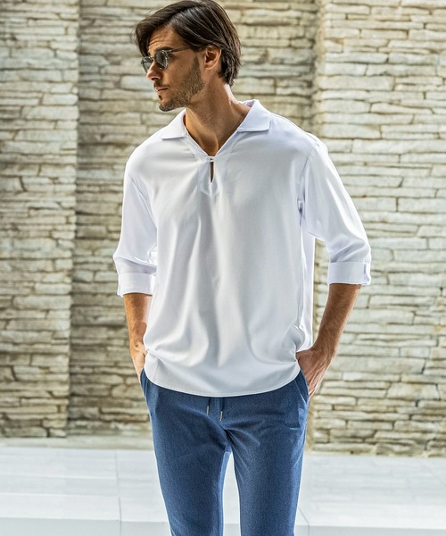 AKM Contemporary(エイケイエムコンテンポラリー)の「【WEB・直営店限定】AKM Contemporary(エイケイエムコンテンポラリー)スキッパープルオーバーシャツ 半袖シャツ シワ防止 イージーケア(シャツ/ブラウス・メンズ・ベージュ/ネイビー/サックスブルー/オフホワイト・S/M/L/XL/XXL)」の9枚目の写真