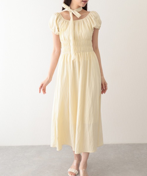 【3COLOR】 バブスリープ ベルテッド ワンピース セール】タイ付き付き パフスリーブ ギャザー ロング ワンピース