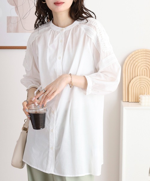 ブラウス シャツ EGLANTINE コットンレースノーカラー5分袖ブラウス レディース セール】EGLANTINE コットンレースノーカラー5分袖ブラウス