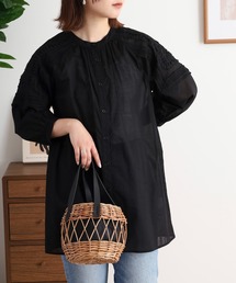 EGLANTINE コットンレースノーカラー5分袖ブラウス