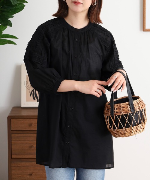ブラウス シャツ EGLANTINE コットンレースノーカラー5分袖ブラウス レディース セール】EGLANTINE コットンレースノーカラー5分袖ブラウス