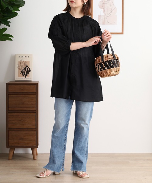 セール】EGLANTINE コットンレースノーカラー5分袖ブラウス