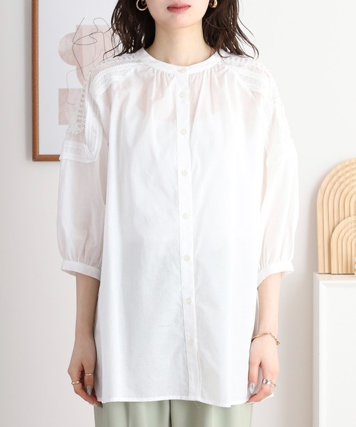 EGLANTINE(エグランティーヌ)の「EGLANTINE コットンレースノーカラー5分袖ブラウス(シャツ/ブラウス・レディース・ブラック/オフホワイト・40)」の6枚目の写真
