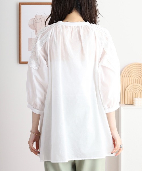 ブラウス シャツ EGLANTINE コットンレースノーカラー5分袖ブラウス レディース エグランティーヌ EGLANTINE コットンレースノーカラー5分袖