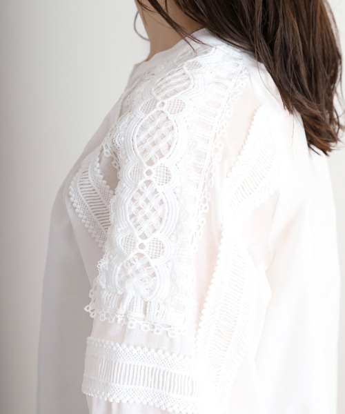 ブラウス シャツ EGLANTINE コットンレースノーカラー5分袖ブラウス レディース EGLANTINE ブラウス シャツ コットンレースノーカラー5分袖