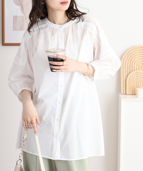 EGLANTINE(エグランティーヌ)の「EGLANTINE コットンレースノーカラー5分袖ブラウス(シャツ/ブラウス・レディース・ブラック/オフホワイト・40)」の11枚目の写真