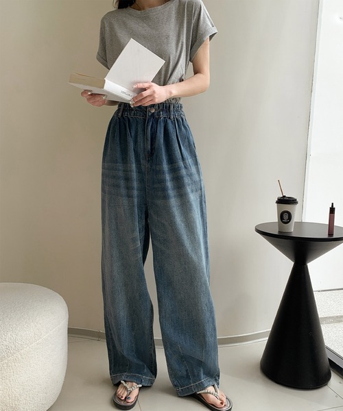 LOWO（ロワ）の「綿混カーヴィーシルエットハイウエストワイドデニムパンツ（その他パンツ・レディース・スカイブルー/ブルー・FREE）」の9枚目の写真