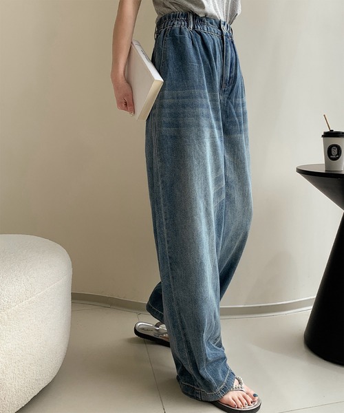 LOWO（ロワ）の「綿混カーヴィーシルエットハイウエストワイドデニムパンツ（その他パンツ・レディース・スカイブルー/ブルー・FREE）」の14枚目の写真