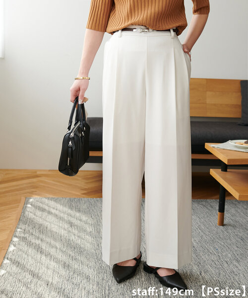 DISCOAT（ディスコート）の「【＠yuyukekelife企画】ベルト付き欲張りストレートタックパンツ（スラックス・レディース・オフホワイト/ブラック/グレイッシュベージュ/ブルー系その他4・SMALL/MEDIUM/LARGE/SP/ML/MT）」の13枚目の写真