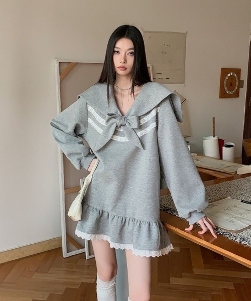 セール】セーラー襟リボン付きフリルスウェットワンピース セール】セーラー襟リボン付きフリルスウェットワンピース