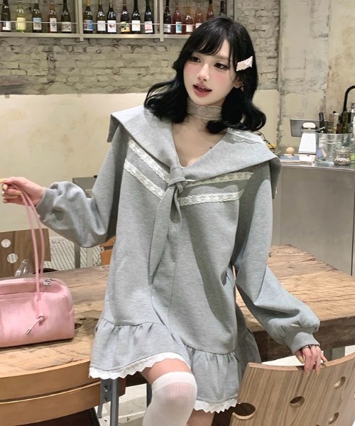 セール】セーラー襟リボン付きフリルスウェットワンピース（ワンピース