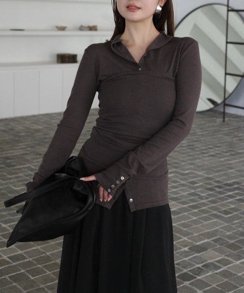 【新品タグ付き】anuans テンセルウールレイヤーカットトップス　BLACK テンセルウールレイヤーカットトップス（Tシャツ/カットソー）｜anuans