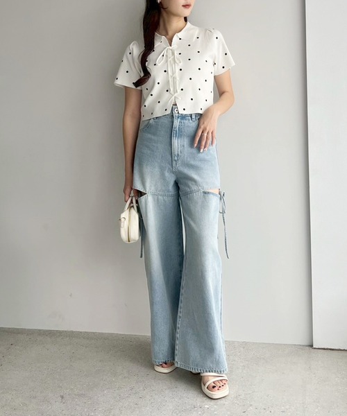 one after another NICE CLAUP(ワンアフターアナザーナイスクラップ)の「レースアップドットポロニット(ニット/セーター・レディース・ブラウン/オフホワイト/ブラック/グレー・FREE)」の16枚目の写真