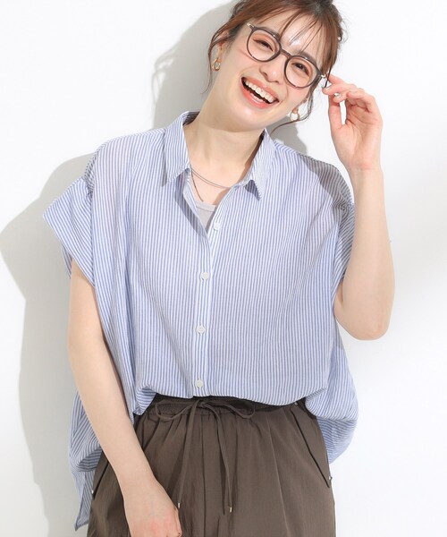 SHOO・LA・RUE（シューラルー）の「【S-LL】さらシャリコットン 上品なシアー感のフロントボタンシャツ（シャツ/ブラウス・レディース・ネイビー/グリーン系/レッド系/ブルー系2・01/02/03/04）」の3枚目の写真