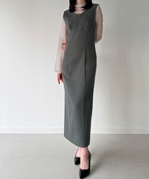 JUNOAH | 袖ボタンシアーブラウス＋IラインジャンパースカートSET（薄手、裏地無し）(ジャンパースカート)