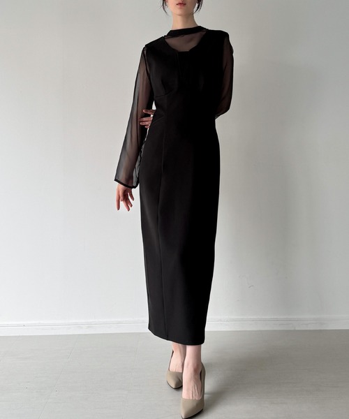 JUNOAH（ジュノア）の「袖ボタンシアーブラウス＋IラインジャンパースカートSET（薄手、裏地無し）（ジャンパースカート・レディース・チャコール/ブラック系その他2/ブラック系その他・SMALL/MEDIUM/LARGE）」の7枚目の写真