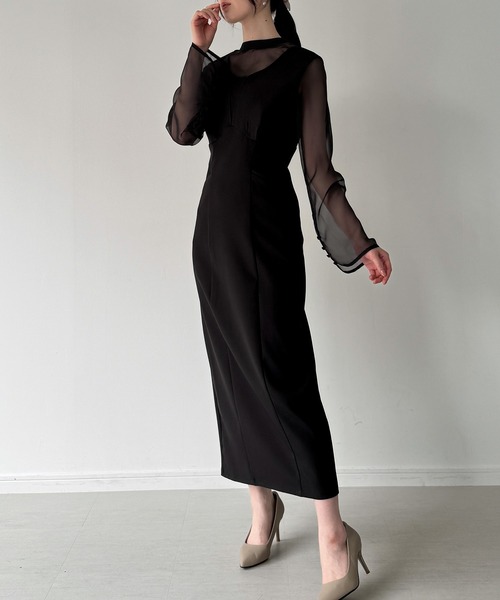 JUNOAH（ジュノア）の「袖ボタンシアーブラウス＋IラインジャンパースカートSET（薄手、裏地無し）（ジャンパースカート・レディース・チャコール/ブラック系その他2/ブラック系その他・SMALL/MEDIUM/LARGE）」の8枚目の写真