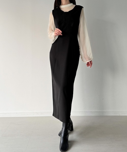 JUNOAH（ジュノア）の「袖ボタンシアーブラウス＋IラインジャンパースカートSET（薄手、裏地無し）（ジャンパースカート・レディース・チャコール/ブラック系その他2/ブラック系その他・SMALL/MEDIUM/LARGE）」の18枚目の写真