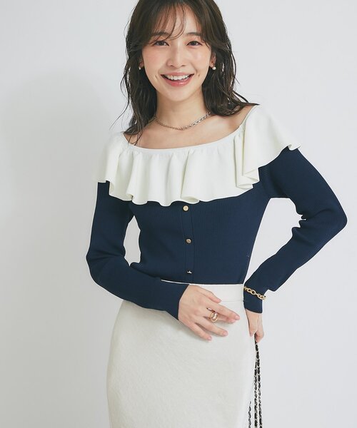 【美品】クールタッチUVオフショルラッフルニット ネイビー ラブティックボンボン 最強映え】クールタッチUVオフショルラッフルリブニット（ニット