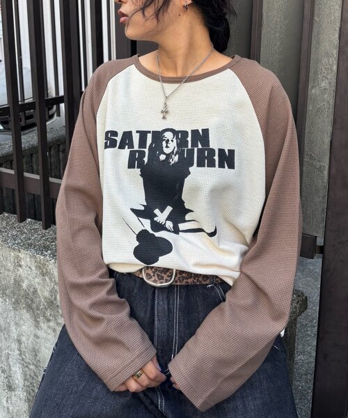 WHO'S WHO gallery（フーズフーギャラリー）の「【WEB限定】シャーロットワッフルラグラントップス（Tシャツ/カットソー・レディース・チャコールグレー/ブラウン・FREE）」の2枚目の写真