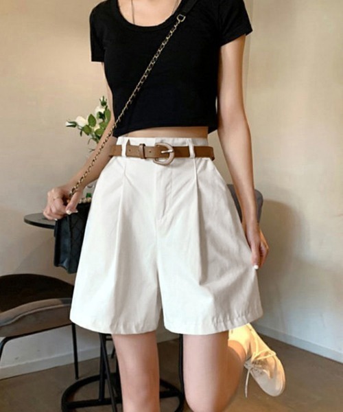 Miniministore(ミニミニストア)の「ベルト付きショートパンツ タック入り夏服ショートパンツ ショーパン 短パン ハーフパンツ クロップド(その他パンツ・レディース・ブラック/カーキブラウン/ホワイト・L/M/XL)」の7枚目の写真