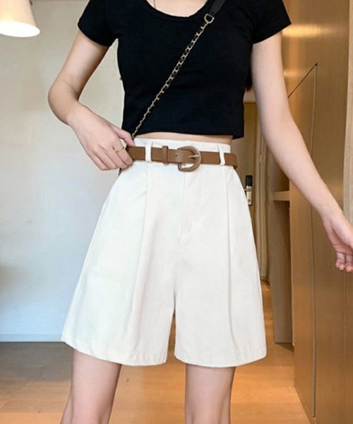 Miniministore(ミニミニストア)の「ベルト付きショートパンツ タック入り夏服ショートパンツ ショーパン 短パン ハーフパンツ クロップド(その他パンツ・レディース・ブラック/カーキブラウン/ホワイト・L/M/XL)」の8枚目の写真