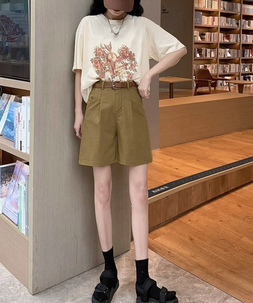 Miniministore(ミニミニストア)の「ベルト付きショートパンツ タック入り夏服ショートパンツ ショーパン 短パン ハーフパンツ クロップド(その他パンツ・レディース・ブラック/カーキブラウン/ホワイト・L/M/XL)」の12枚目の写真