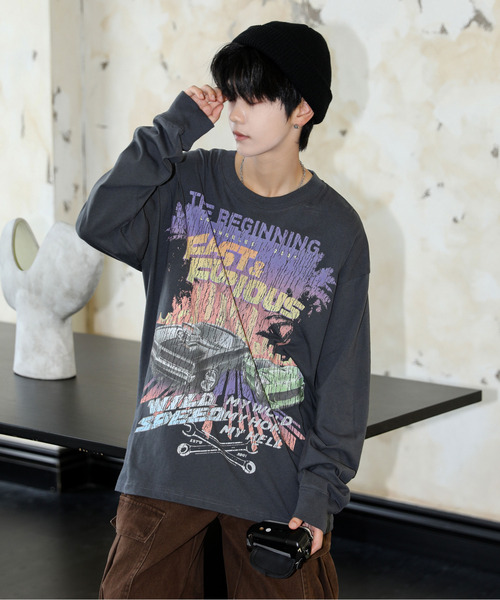 neos（ネオス）の「【neos】ルーズシルエット FAST＆FURIOUS WILD SPEED ワイルドスピード ピグメント風 プリント ロングスリーブ Tシャツ（Tシャツ/カットソー・メンズ・ホワイト系1/ホワイト系2/ブラック系2/ブラック系1・X-LARGE/LARGE/MEDIUM）」の3枚目の写真