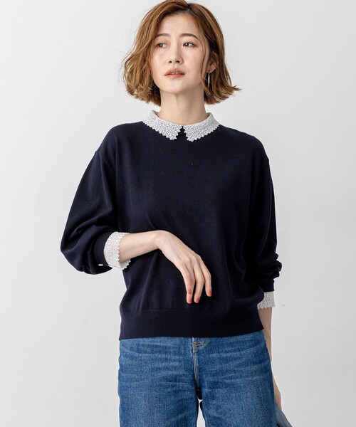 23区 L(ニジュウサンクオオキイサイズ)の「【CLASSY.掲載/洗える】エンブロイダリー ジオメトリックレースコンビ ニット(ニット/セーター・レディース・グレー系/ネイビー系/ブラック系・44/46/48)」の3枚目の写真
