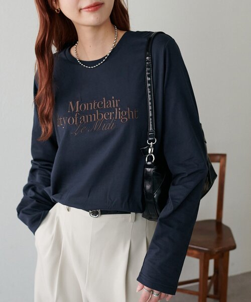 DISCOAT(ディスコート)の「シルケットロゴ刺繍ロンT(Tシャツ/カットソー・レディース・オフホワイト/チャコールグレー/ネイビー・FREE)」の1枚目の写真