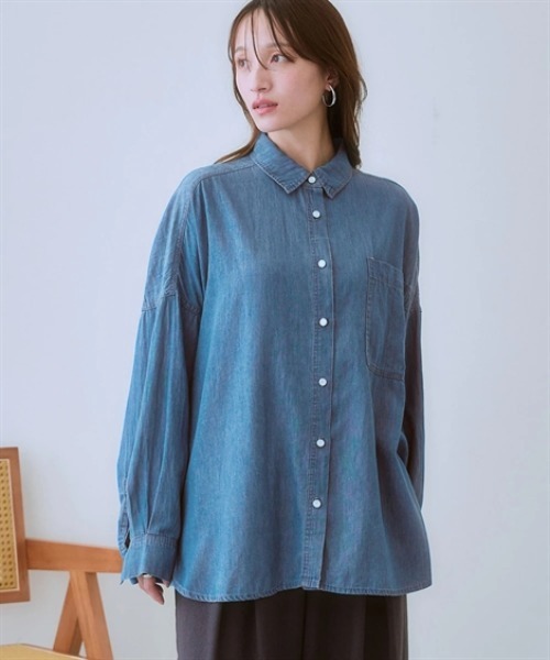 nissen（ニッセン）の「綿１００％デニムワイドシャツ（シャツ/ブラウス・レディース・ブルー/ネイビー・S～Ｍ/L～LL）」の6枚目の写真