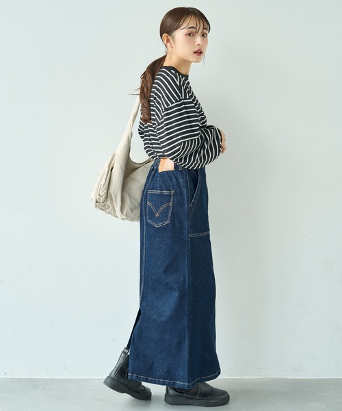 mil(ミル)の「ベイカー風 デニムナロースカート【588102】(スカート・レディース・インディゴブルー/ブラック・XS/S)」の2枚目の写真