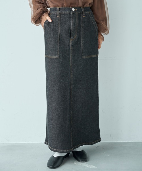 mil(ミル)の「ベイカー風 デニムナロースカート【588102】(スカート・レディース・インディゴブルー/ブラック・XS/S)」の1枚目の写真