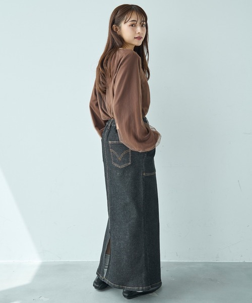 mil(ミル)の「ベイカー風 デニムナロースカート【588102】(スカート・レディース・インディゴブルー/ブラック・XS/S)」の4枚目の写真