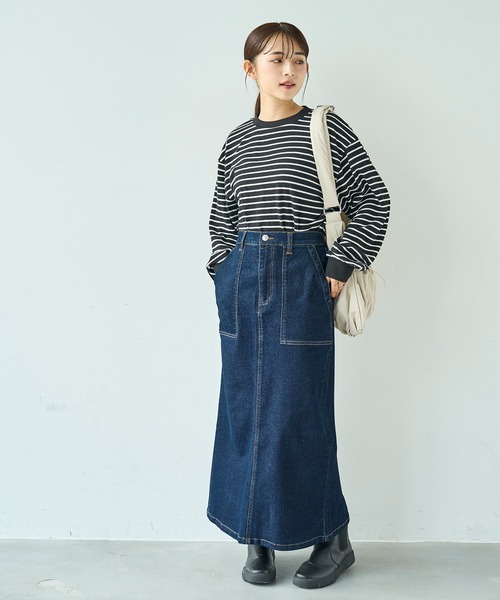 mil(ミル)の「ベイカー風 デニムナロースカート【588102】(スカート・レディース・インディゴブルー/ブラック・XS/S)」の12枚目の写真