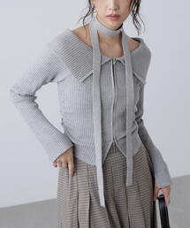 ◆フロントジップリブ衿オフショルニット