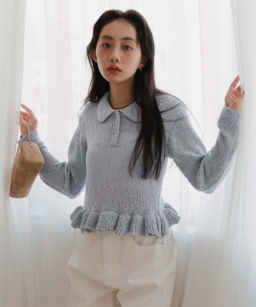 miette(ミエット)の「透かし編み裾フリルポロニット(ニット/セーター・レディース・ブラウン/ブラック/ブルーグレー/アイボリー・M/L)」の4枚目の写真