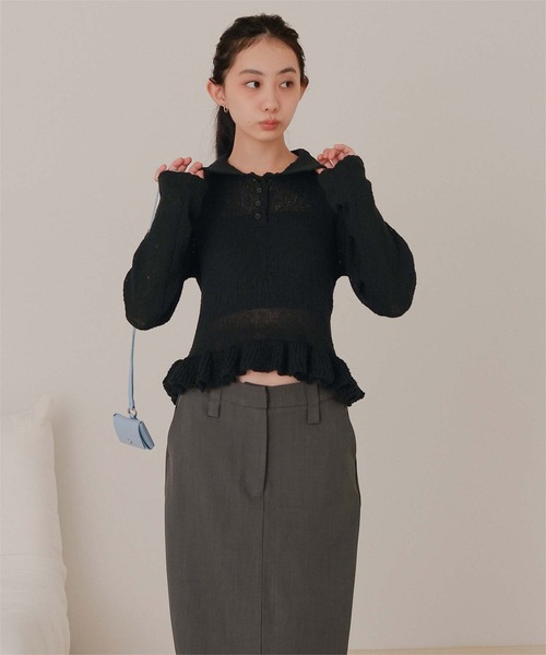 miette(ミエット)の「透かし編み裾フリルポロニット(ニット/セーター・レディース・ブラウン/ブラック/ブルーグレー/アイボリー・M/L)」の13枚目の写真