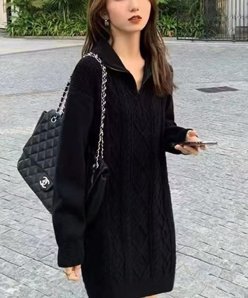 STAY MOTION（ステイモーション）の「【WEB限定】ケーブル編みジップニットワンピース［韓国ファッション カジュアル］≪再入荷≫（ワンピース・レディース・アイボリー/ブラック・F）」の11枚目の写真