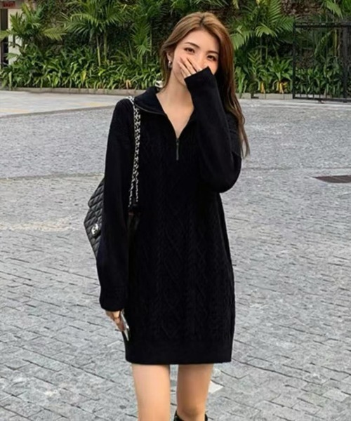 STAY MOTION（ステイモーション）の「【WEB限定】ケーブル編みジップニットワンピース［韓国ファッション カジュアル］≪再入荷≫（ワンピース・レディース・アイボリー/ブラック・F）」の13枚目の写真