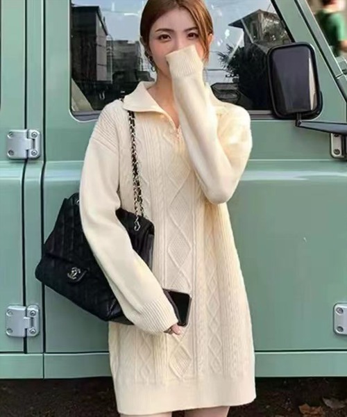 STAY MOTION（ステイモーション）の「【WEB限定】ケーブル編みジップニットワンピース［韓国ファッション カジュアル］≪再入荷≫（ワンピース・レディース・アイボリー/ブラック・F）」の10枚目の写真