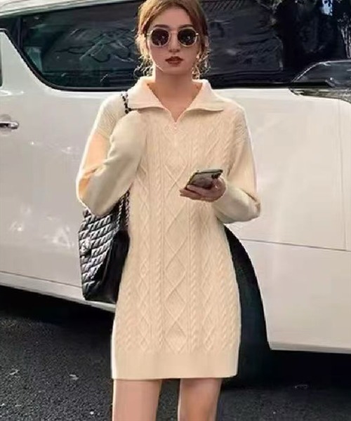 STAY MOTION（ステイモーション）の「【WEB限定】ケーブル編みジップニットワンピース［韓国ファッション カジュアル］≪再入荷≫（ワンピース・レディース・アイボリー/ブラック・F）」の9枚目の写真