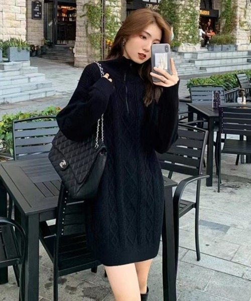 STAY MOTION（ステイモーション）の「【WEB限定】ケーブル編みジップニットワンピース［韓国ファッション カジュアル］≪再入荷≫（ワンピース・レディース・アイボリー/ブラック・F）」の12枚目の写真