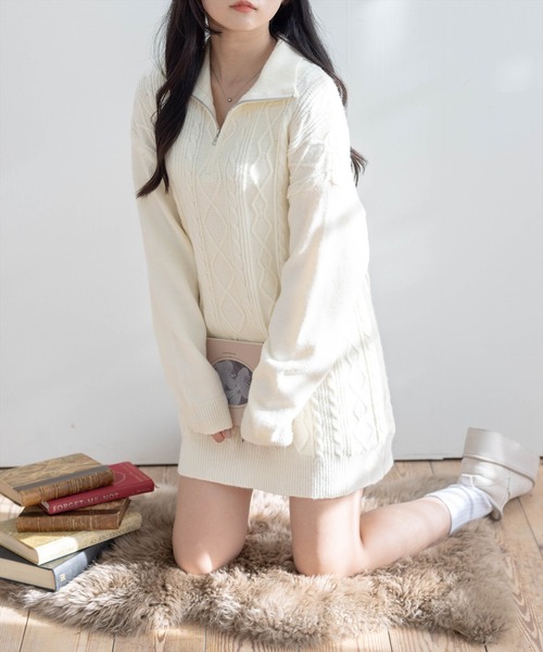 STAY MOTION（ステイモーション）の「【WEB限定】ケーブル編みジップニットワンピース［韓国ファッション カジュアル］≪再入荷≫（ワンピース・レディース・アイボリー/ブラック・F）」の4枚目の写真