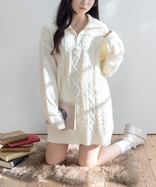 STAY MOTION（ステイモーション）の「【WEB限定】ケーブル編みジップニットワンピース［韓国ファッション カジュアル］≪再入荷≫（ワンピース・レディース・アイボリー/ブラック・F）」の5枚目の写真