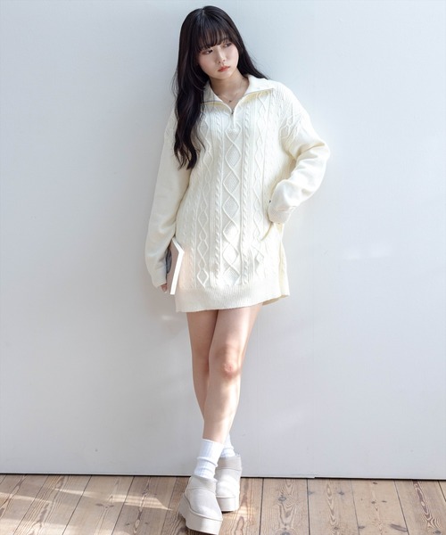 STAY MOTION（ステイモーション）の「【WEB限定】ケーブル編みジップニットワンピース［韓国ファッション カジュアル］≪再入荷≫（ワンピース・レディース・アイボリー/ブラック・F）」の6枚目の写真