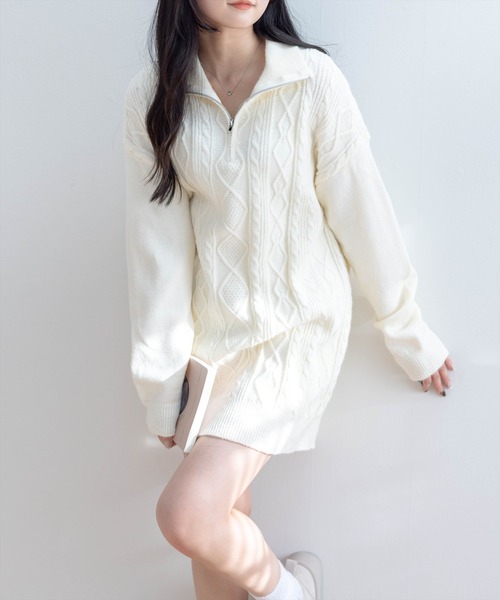 STAY MOTION（ステイモーション）の「【WEB限定】ケーブル編みジップニットワンピース［韓国ファッション カジュアル］≪再入荷≫（ワンピース・レディース・アイボリー/ブラック・F）」の7枚目の写真