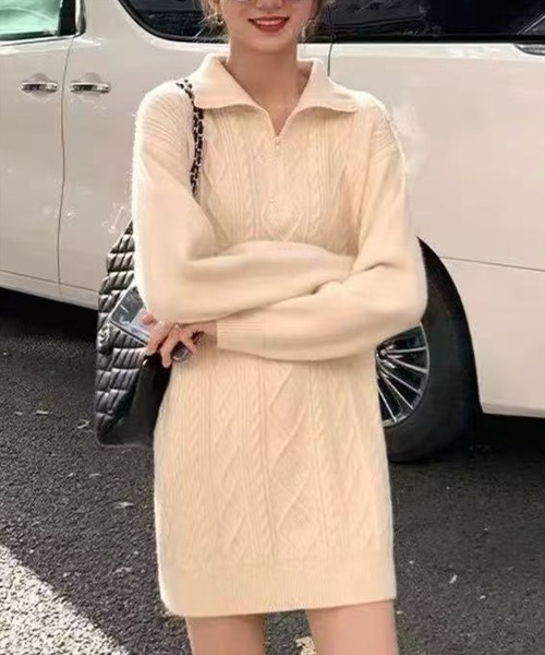 STAY MOTION（ステイモーション）の「【WEB限定】ケーブル編みジップニットワンピース［韓国ファッション カジュアル］≪再入荷≫（ワンピース・レディース・アイボリー/ブラック・F）」の8枚目の写真